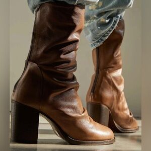 NWT Free People ELLE Slouchy Block Heel MidCalf Boots in Mushroom Leather * *